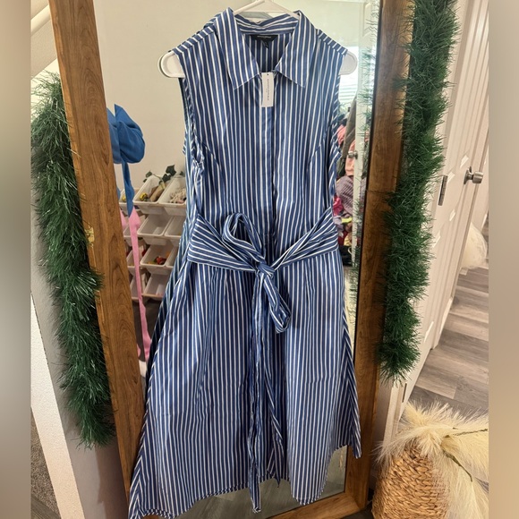 BNWT Banana Republic 100% Cotton Striped Poplin Cross Waist Midi Dress - Picture 3 of 6